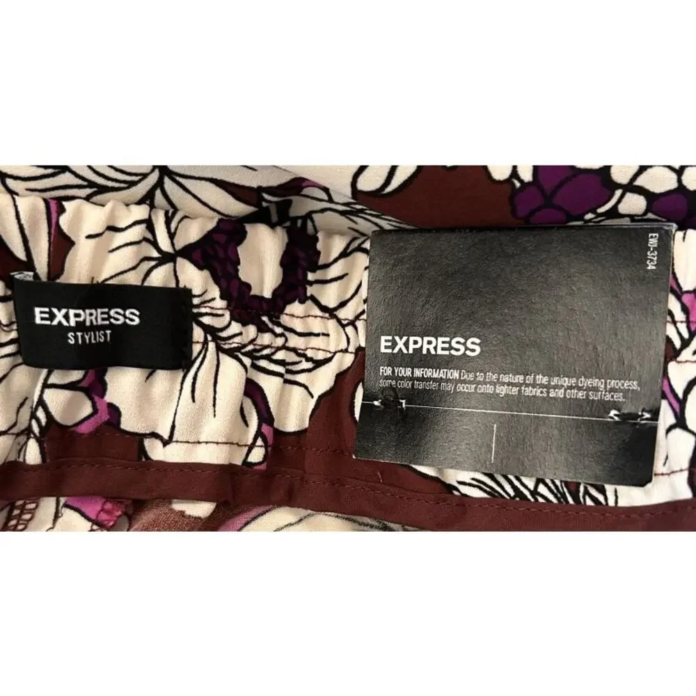 NWT Express Stylist Super High Rise Satin Pleated Wide Leg Maroon Floral Pants 6